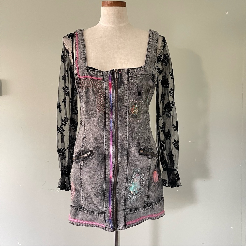 We The Free Upcycled denim overall dress Sashiko embroidered handmade size 12